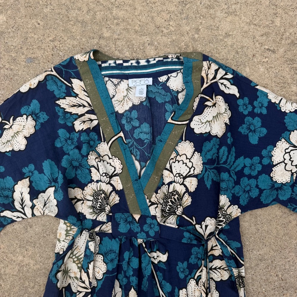 Sofia Jeans by Sofia Vergara Floral Faux Wrap Midi Dress Navy Teal Womens Medium - Picture 3 of 7